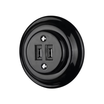 Reblig - Presa di alimentazione USB in porcellana in stile retrò con cornice, 2 porte USB-A, nera