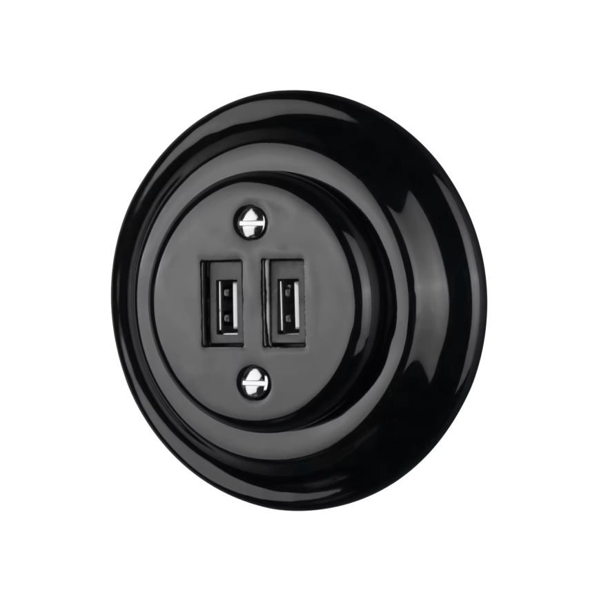 Reblig - Presa di alimentazione USB in porcellana dallo stile retrò senza cornice, 2x USB-A, nera