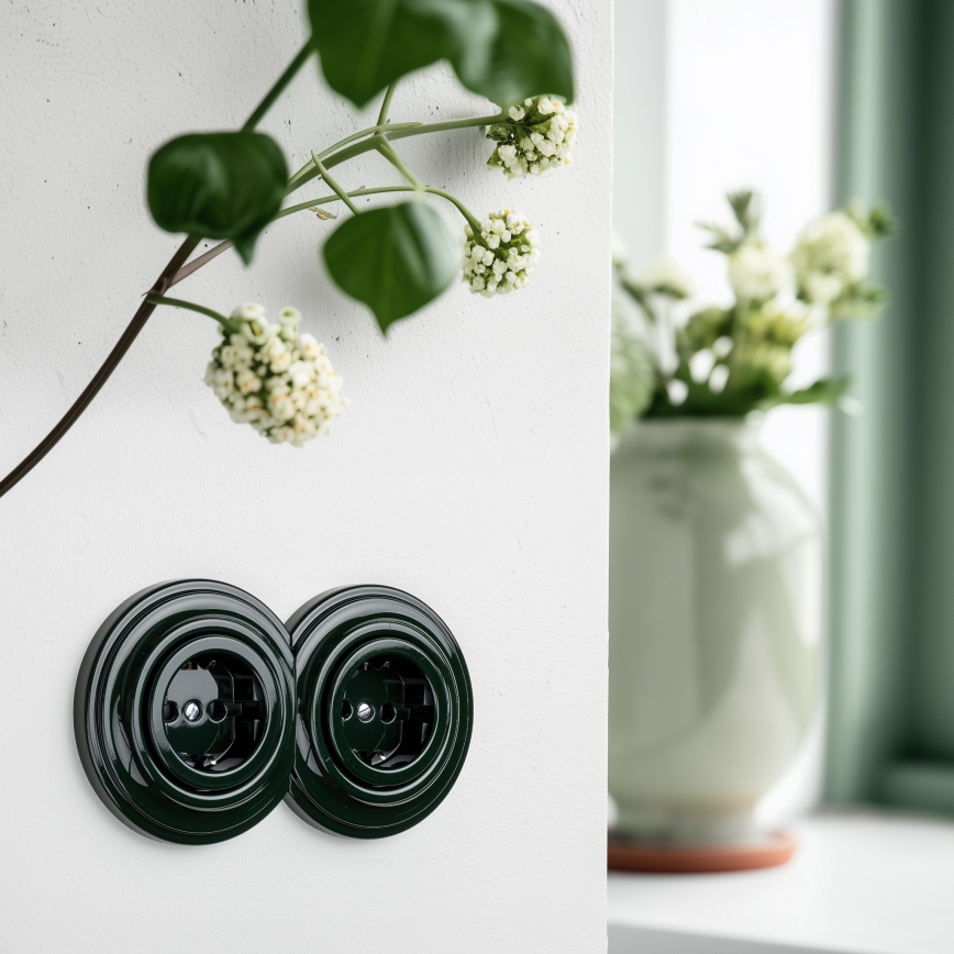 Reblig - Presa domestica doppia in stile retrò con cornice SCHUKO 230V verde