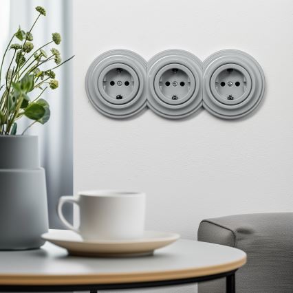 Reblig - Presa domestica tripla in stile retrò con cornice SCHUKO 230 V, grigia