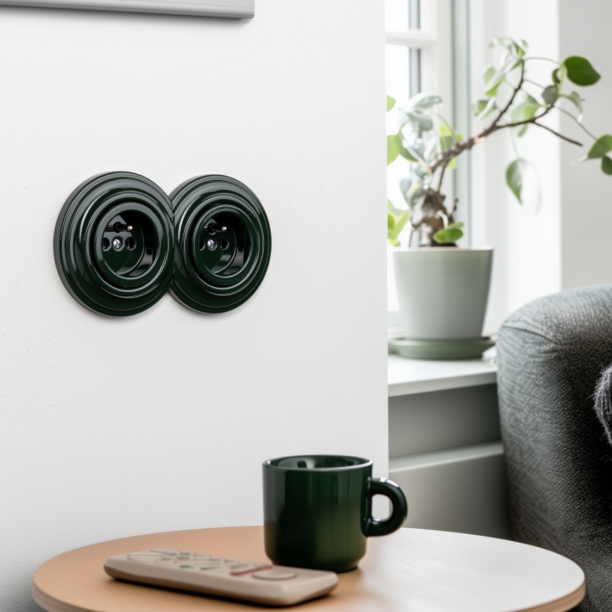 Reblig - Presa doppia da parete in stile retrò con cornice, 230 V, verde