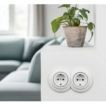 Reblig - Presa doppia in stile retrò per uso domestico con cornice SCHUKO 230V, bianco neve