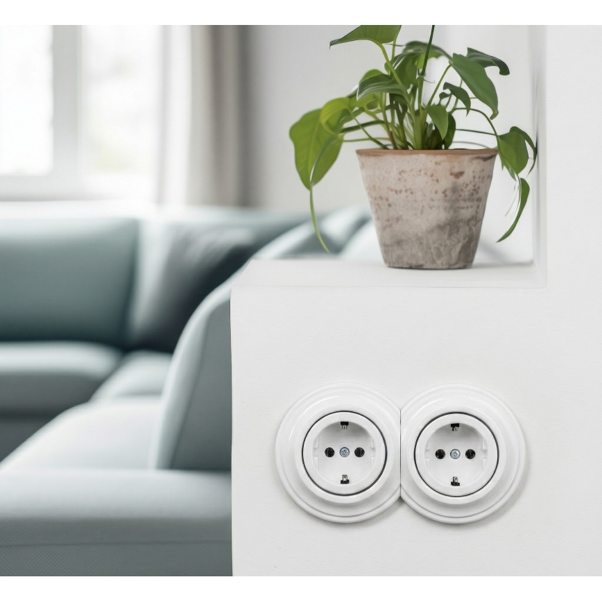 Reblig - Presa doppia in stile retrò per uso domestico con cornice SCHUKO 230V, bianco neve