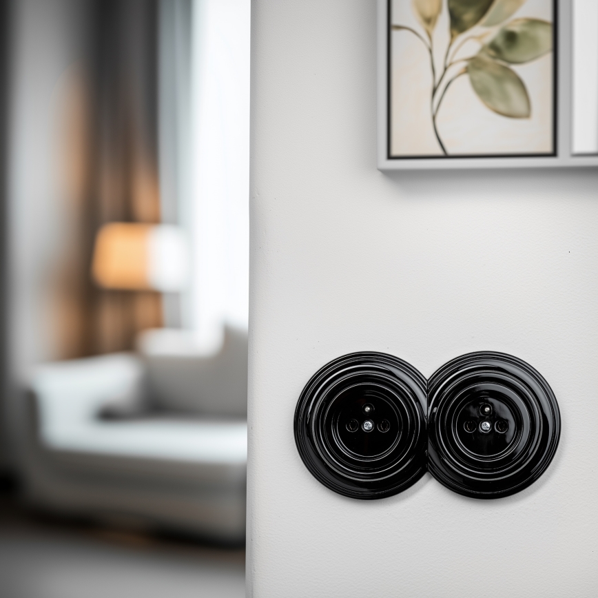 Reblig - Presa elettrica doppia da parete in stile retrò con cornice n. 1, nera