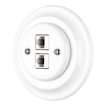 Reblig - Presa Ethernet retrò in porcellana con cornice 2x CAT5e, bianca