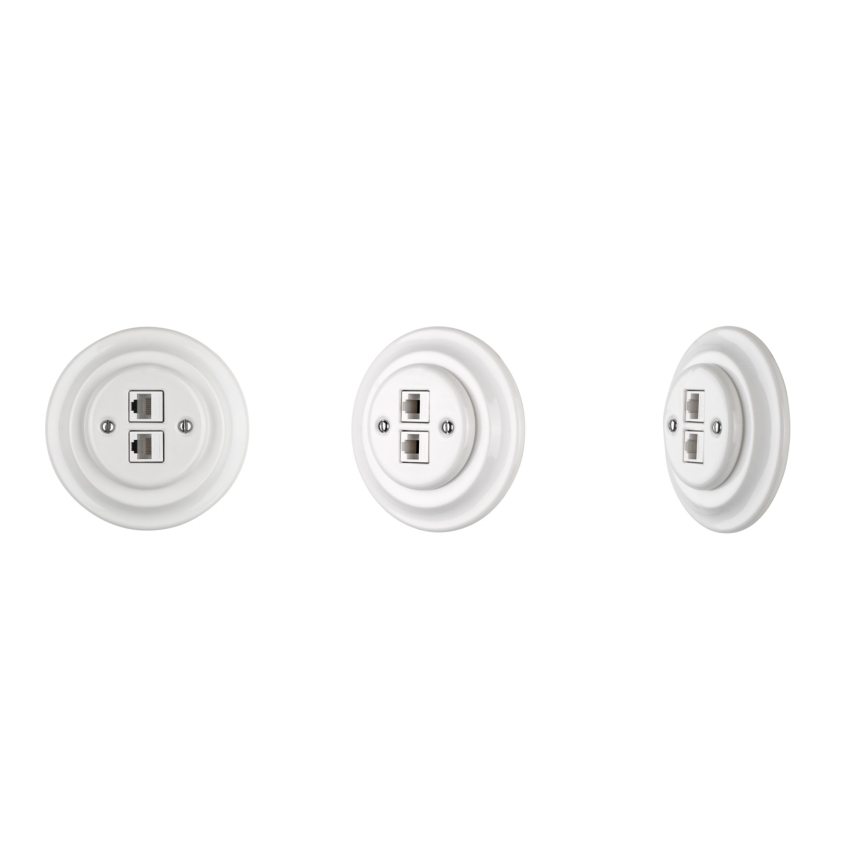 Reblig - Presa Ethernet retrò in porcellana con cornice 2x CAT5e, bianca