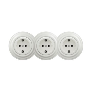 Reblig - Presa tripla da parete in stile retrò con cornice SCHUKO 230V, in ceramica bianca
