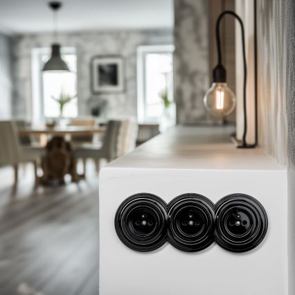 Reblig - Presa tripla domestica in stile retrò con placca 230V nera