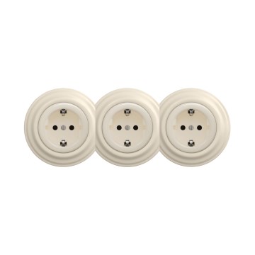 Reblig - Presa tripla domestica in stile retrò con placca SCHUKO 230 V, beige