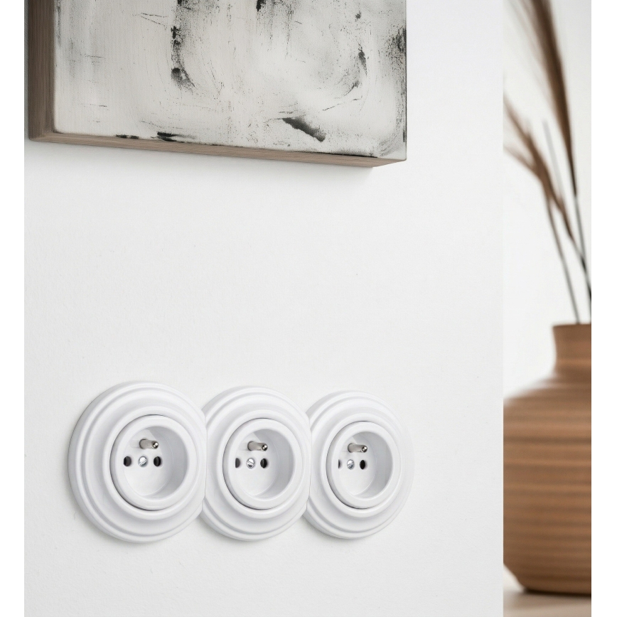 Reblig - Presa tripla per uso domestico in stile retrò con cornice 230V, bianco neve