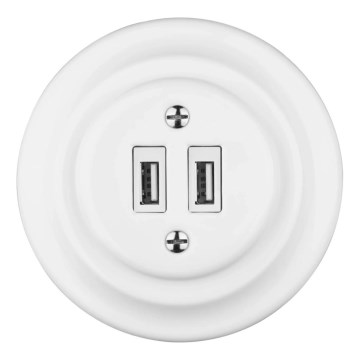 Reblig - Presa USB in porcellana dallo stile retrò con cornice, 2x USB-A, bianca