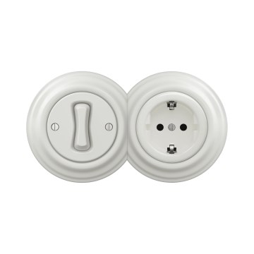 Reblig - Retro interruttore unipolare n. 1 e presa SCHUKO 230V con cornice in ceramica bianca