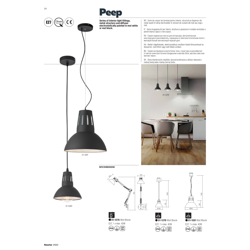 Redo 01-1279 - Lampada a sospensione su cavo PEEP 1xE27/42W/230V Ø 16,5 cm nero