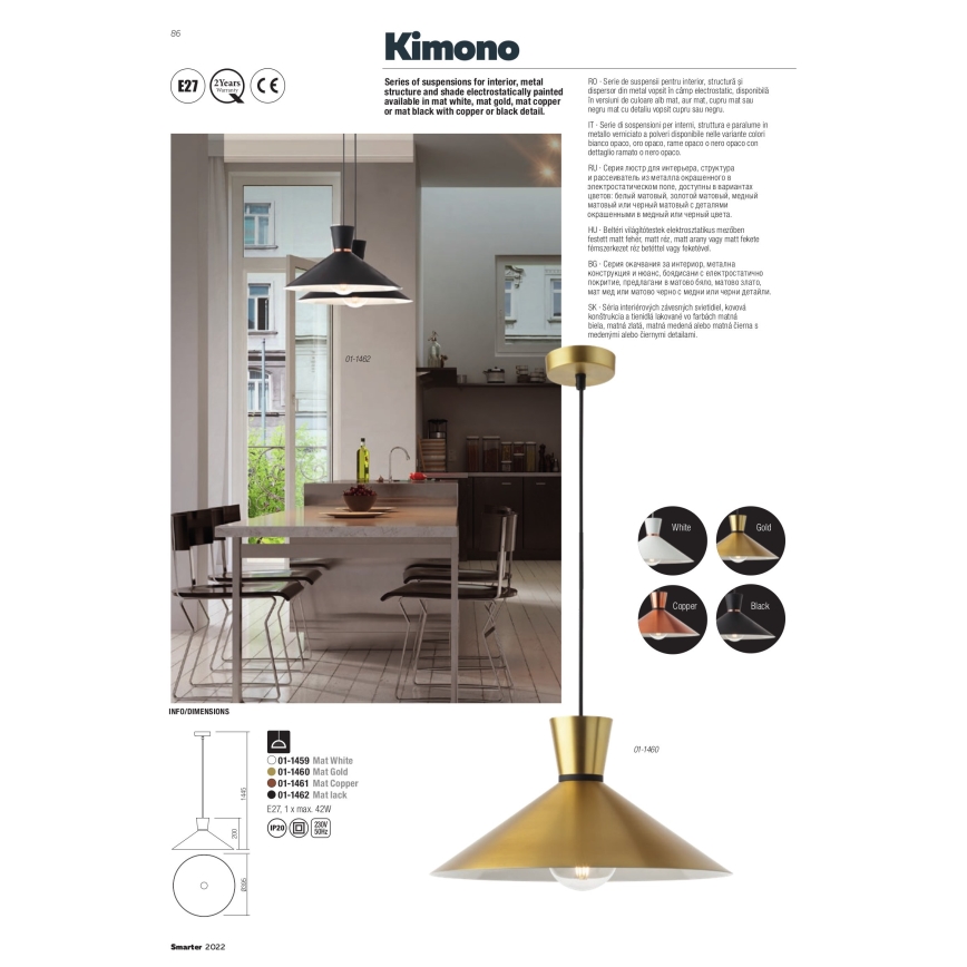 Redo 01-1460 - Lampadario a sospensione con filo KIMONO 1xE27/42W/230V diametro 39,5 cm oro