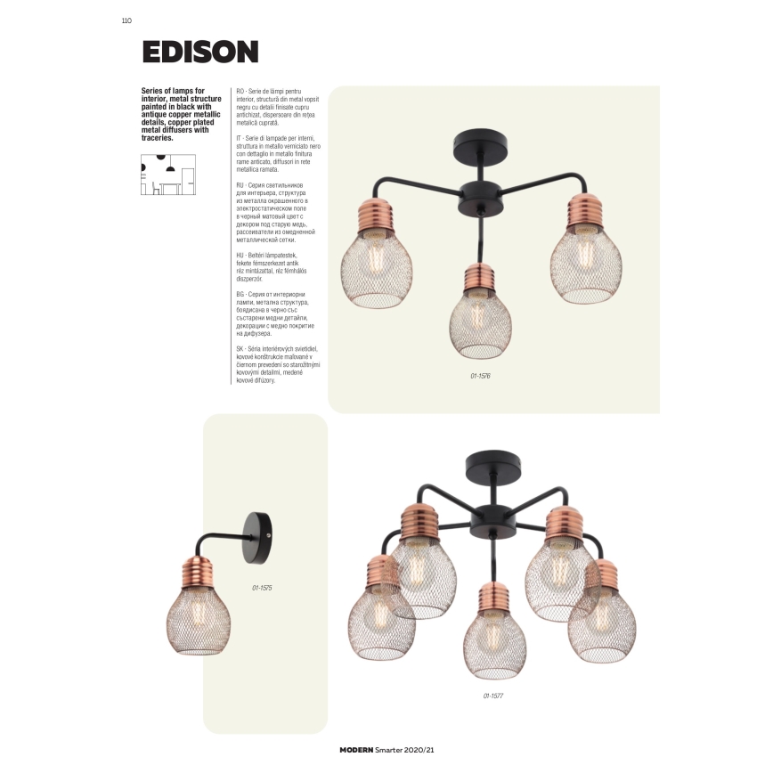 Redo 01-1580 - Lampadario a cavo EDISON 5xE27/42W/230V Ø 53 cm nero/rame