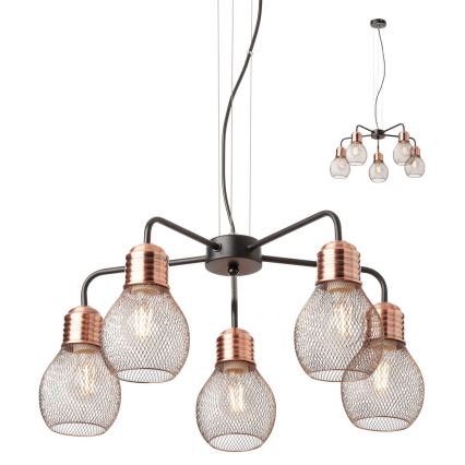 Redo 01-1580 - Lampadario a cavo EDISON 5xE27/42W/230V Ø 53 cm nero/rame