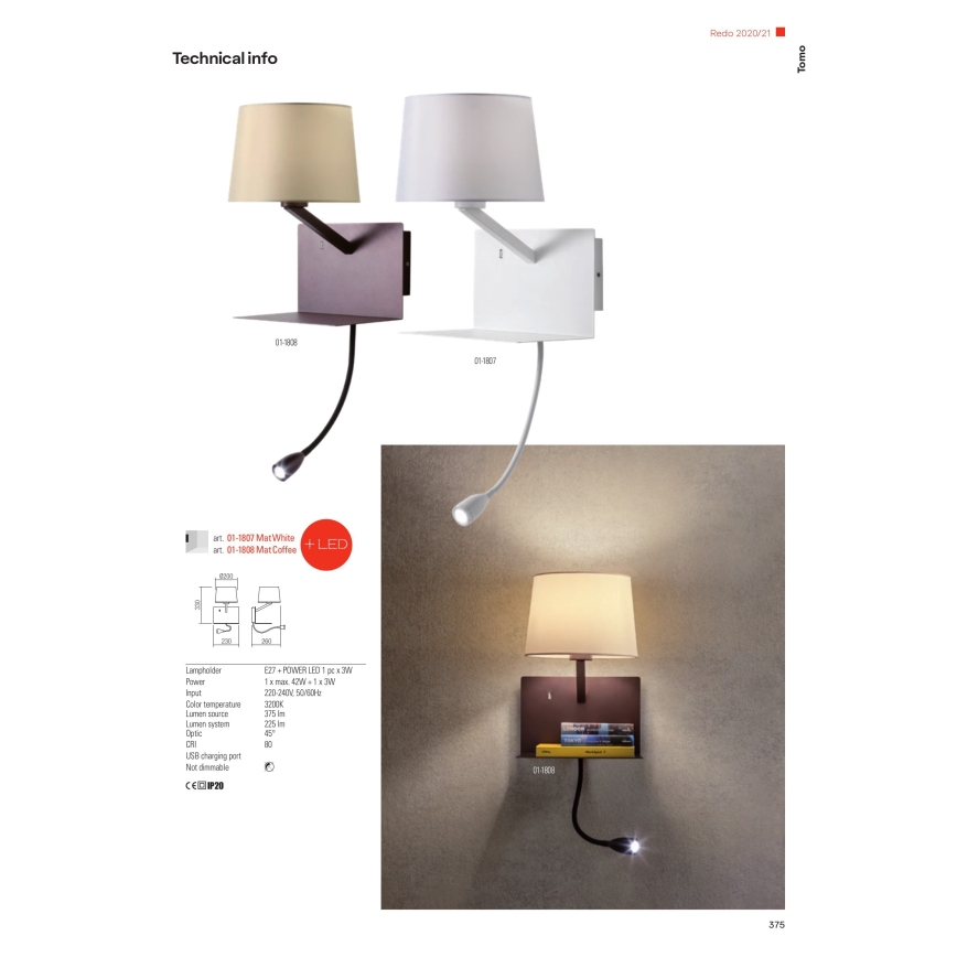 Redo 01-1807 - Applique LED da parete con lampada flessibile TOMO 1xE27/42W/230V + LED/3W/230V bianco