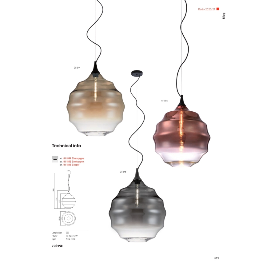 Redo 01-1844 - Lampadario a sospensione con filo SLAG 1xE27/42W/230V diametro 40 cm beige