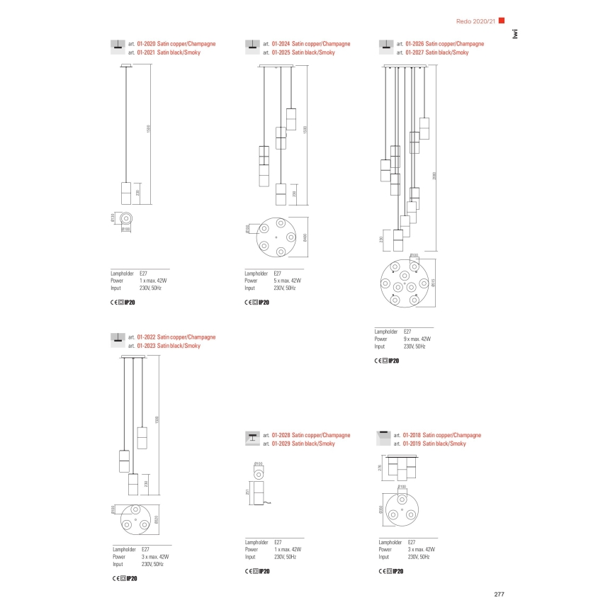 Redo 01-2027 - Lampadario a sospensione con filo IWI 9xE27/42W/230V nero