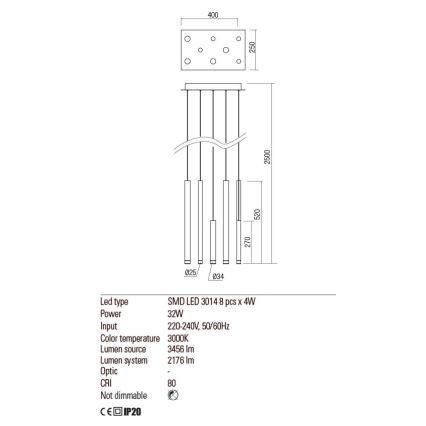 Redo 01-2046 - Lampadario LED a sospensione con filo MADISON 8xLED/4W/230V oro