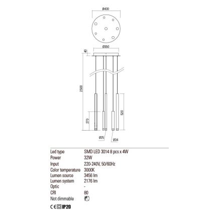 Redo 01-2050 - Lampadario LED a sospensione con filo MADISON 8xLED/4W/230V oro