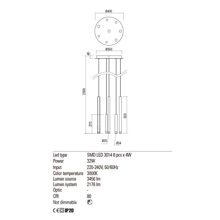 Redo 01-2052 - Lampadario LED a sospensione con filo MADISON 8xLED/4W/230V nero