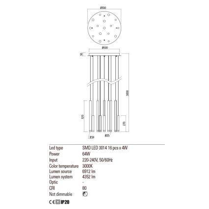 Redo 01-2058 - Lampadario LED a sospensione con filo MADISON 16xLED/4W/230V oro