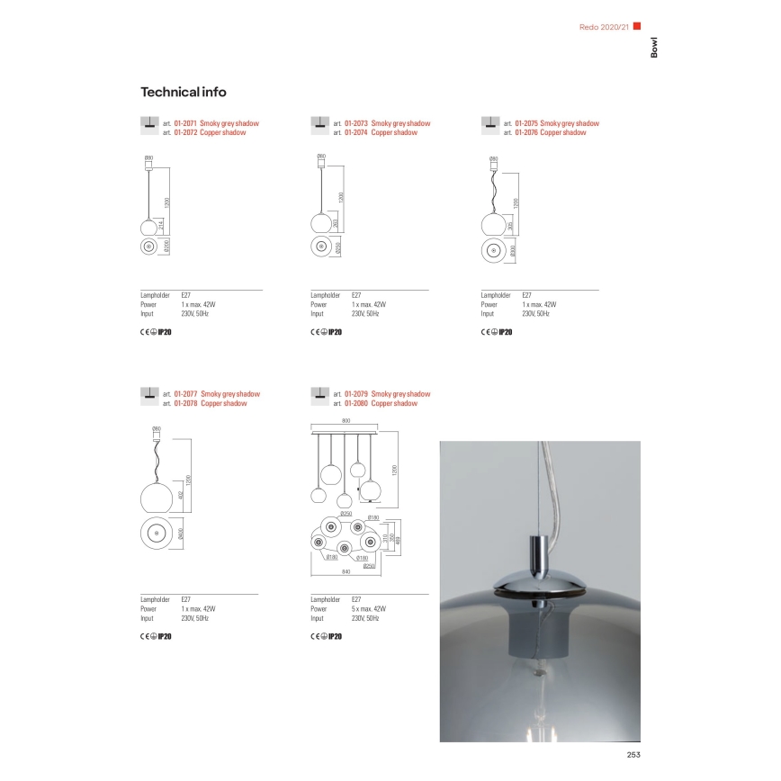 Redo 01-2080 - Lampadario a sospensione con filo BOWL 5xE27/42W/230V rame