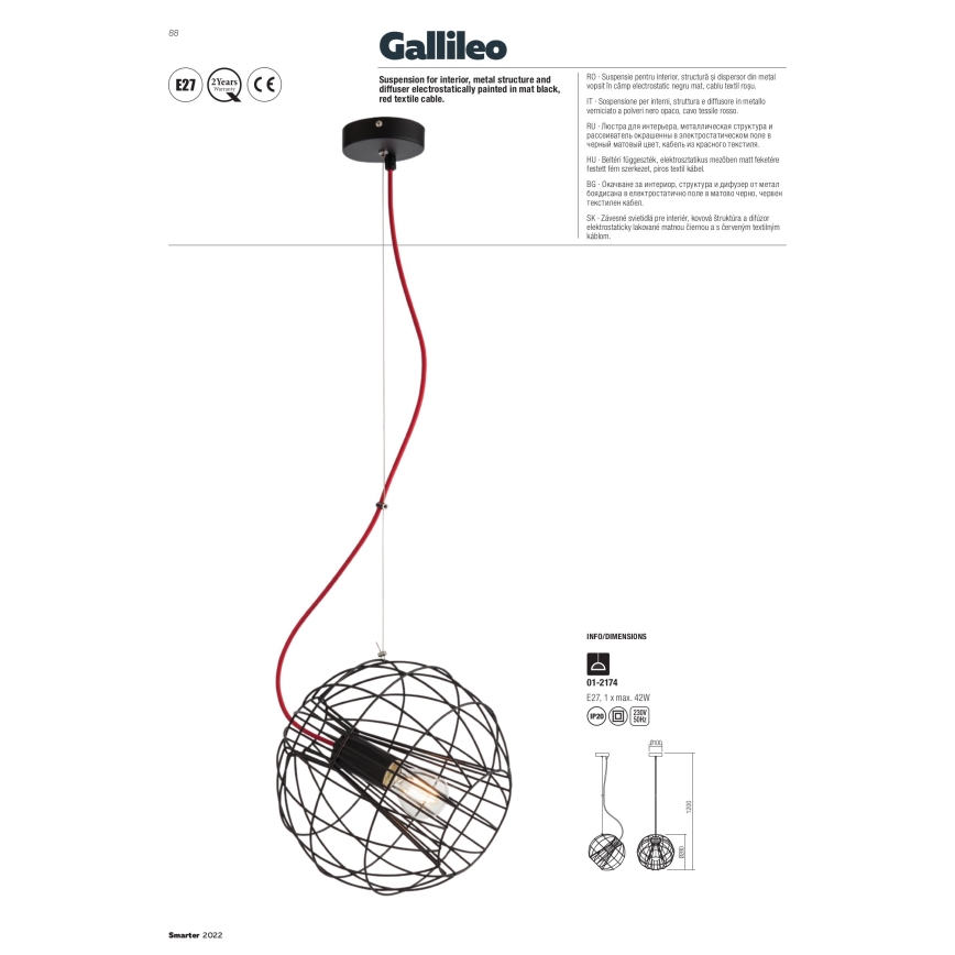 Redo 01-2174 - Lampadario a sospensione con filo GALLILEO 1xE27/42W/230V