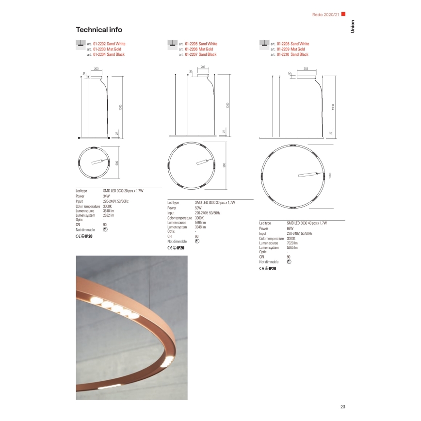 Redo 01-2207 - Lampadario LED a sospensione con filo UNION LED/50W/230V CRI 90 3000K diametro 90 cm nero