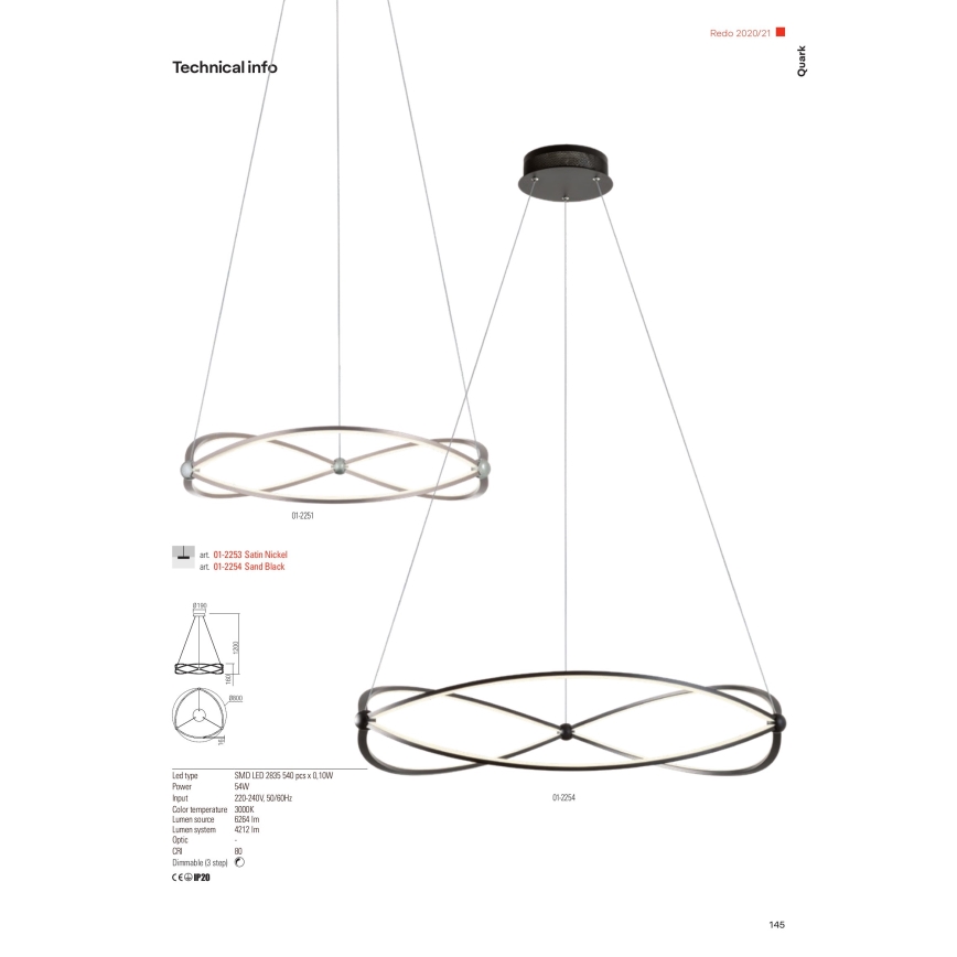 Redo 01-2254 - Lampadario a sospensione con filo LED dimmerabile QUARK LED/54W/230V 3000K diametro 80 cm nero
