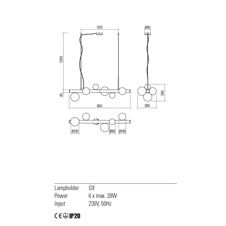 Redo 01-2374 - Lampadario a sospensione con filo GOJI 6xG9/28W/230V oro