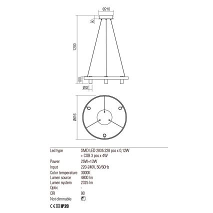 Redo 01-2490 - Lampadario LED a sospensione con filo SUMMIT LED/38W/230V CRI 90 diametro 61,6 cm oro