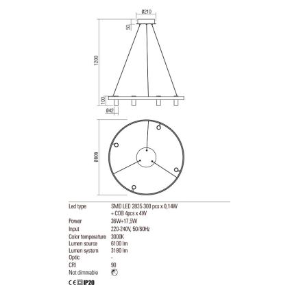 Redo 01-2492 - Lampadario LED a sospensione con filo SUMMIT LED/53,5W/230V CRI 90 diametro 80,8 cm oro