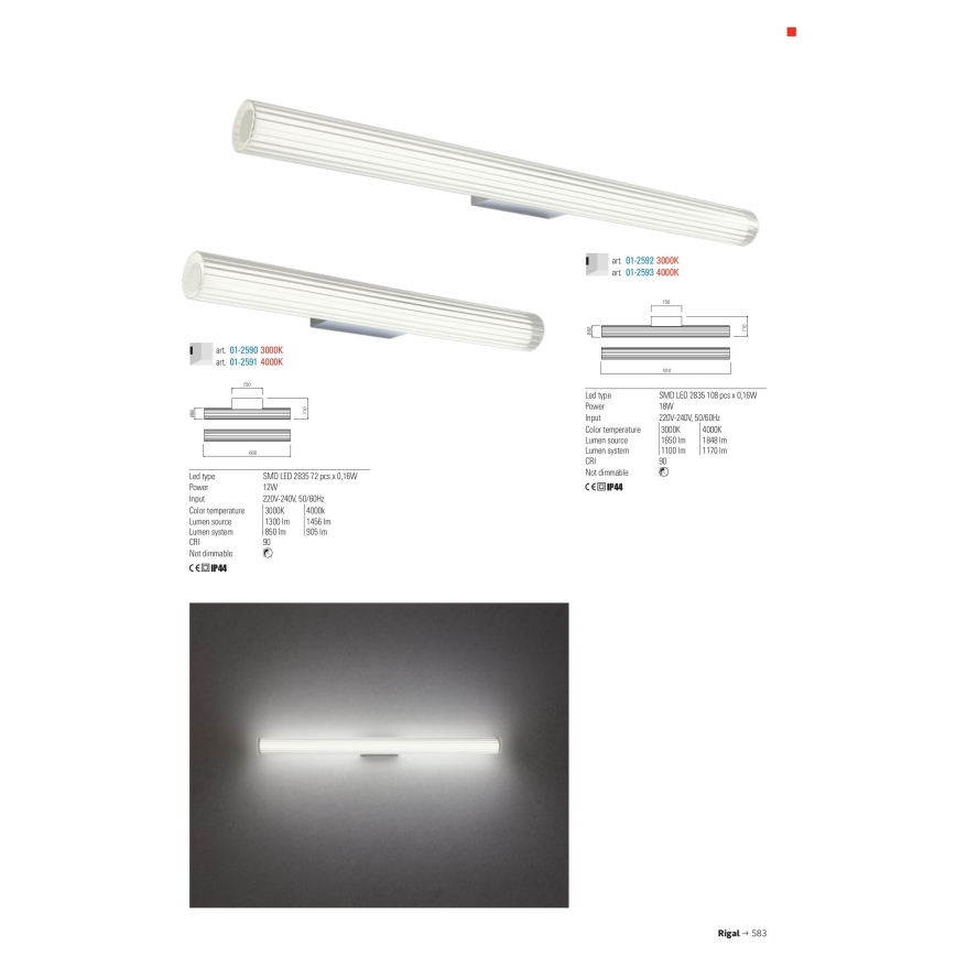 Redo 01-2591 - Illuminazione LED per specchio da bagno RIGAL LED/12W/230V 4000K 90 cm CRI 90 IP44 cromo lucido/bianco
