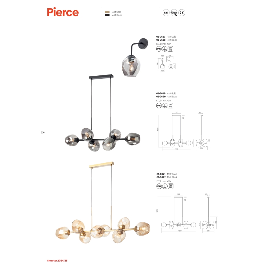 Redo 01-2617 - Applique PIERCE 1xE27/42W/230V oro/fumé