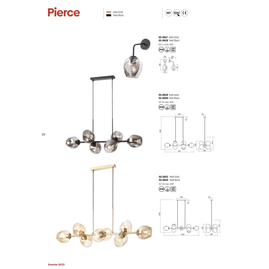 Redo 01-2622 - Lampadario a sospensione con filo PIERCE 8xE27/42W/230V nero/fumé