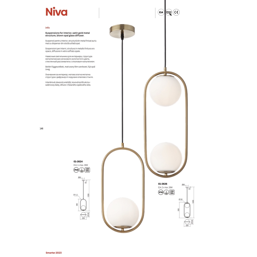 Redo 01-2626 - Lampadario a sospensione con filo NIVA 2xE14/28W/230V