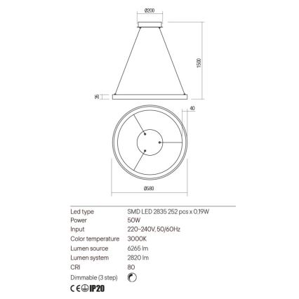 Redo 01-2673 - Lampadario a sospensione con filo LED dimmerabile ICONIC LED/50W/230V diametro 58 cm oro