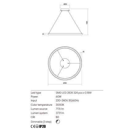 Redo 01-2676 - Lampadario a sospensione con filo LED dimmerabile ICONIC LED/60W/230V diametro 78 cm oro