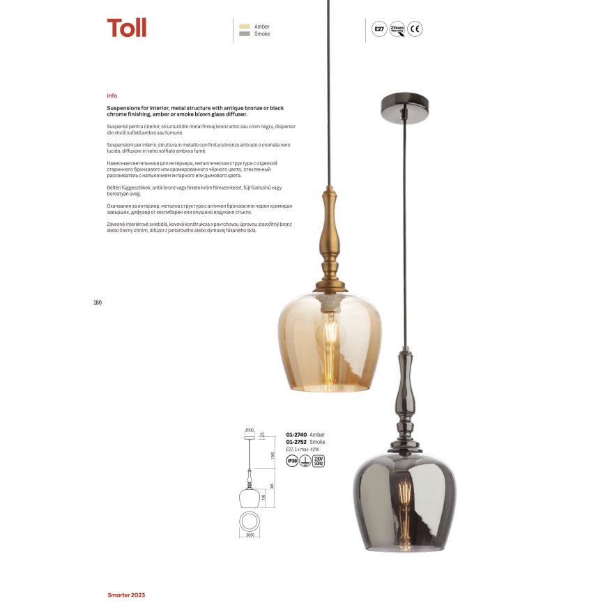 Redo 01-2740 - Lampadario a sospensione con filo TOLL 1xE27/42W/230V bronzo