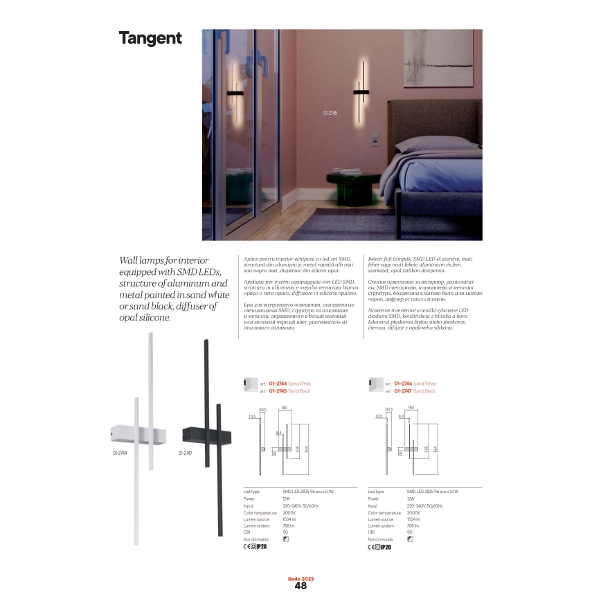 Redo 01-2747 - Lampada da parete LED TANGENT 13W/230V 3000K 63,4 cm CRI 90 nero