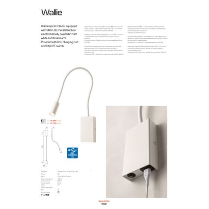 Redo 01-2754 - Applique a LED WALLIE LED/3W/230V USB CRI 90 bianco