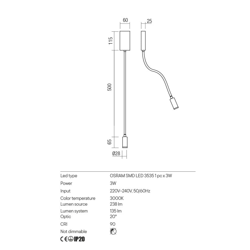 Redo 01-2755 - Lampada flessibile LED WALLIE LED/3W/230V USB CRI 90 nera