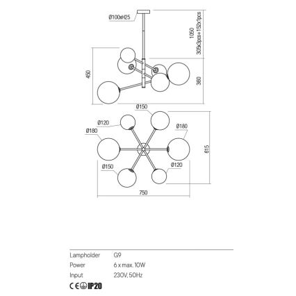 Redo 01-2780 - Lampadario a sospensione con filo ROY 6xG9/10W/230V