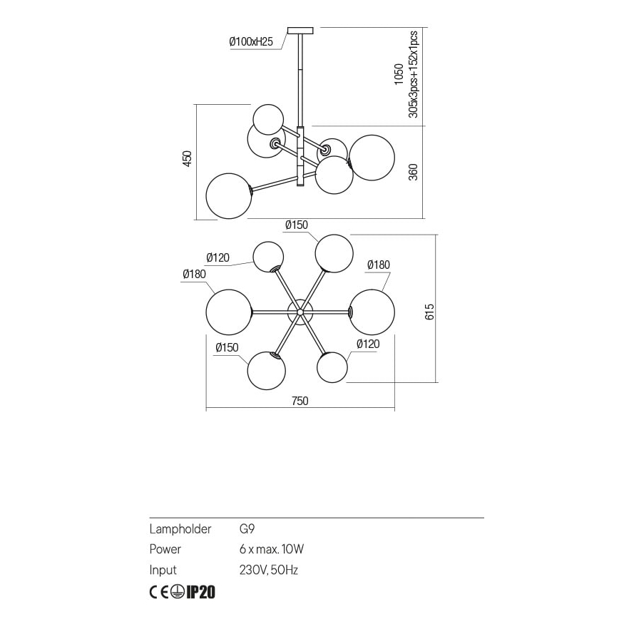 Redo 01-2780 - Lampadario a sospensione con filo ROY 6xG9/10W/230V