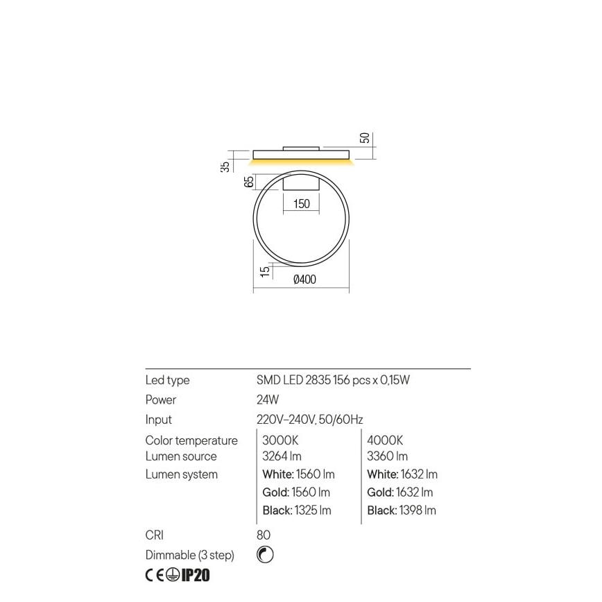 Redo 01-2835 - Applique a LED dimmerabile FEBE LED/24W/230V oro