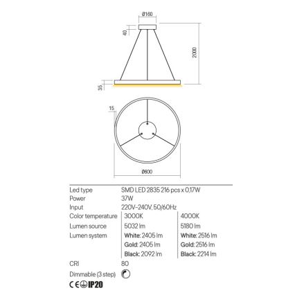 Redo 01-2865 - Lampadario a sospensione con filo LED dimmerabile FEBE LED/37W/230V oro