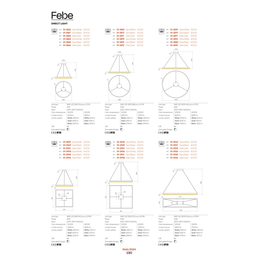 Redo 01-2865 - Lampadario LED dimmerabile a sospensione con cavo FEBE LED/37W/230V oro