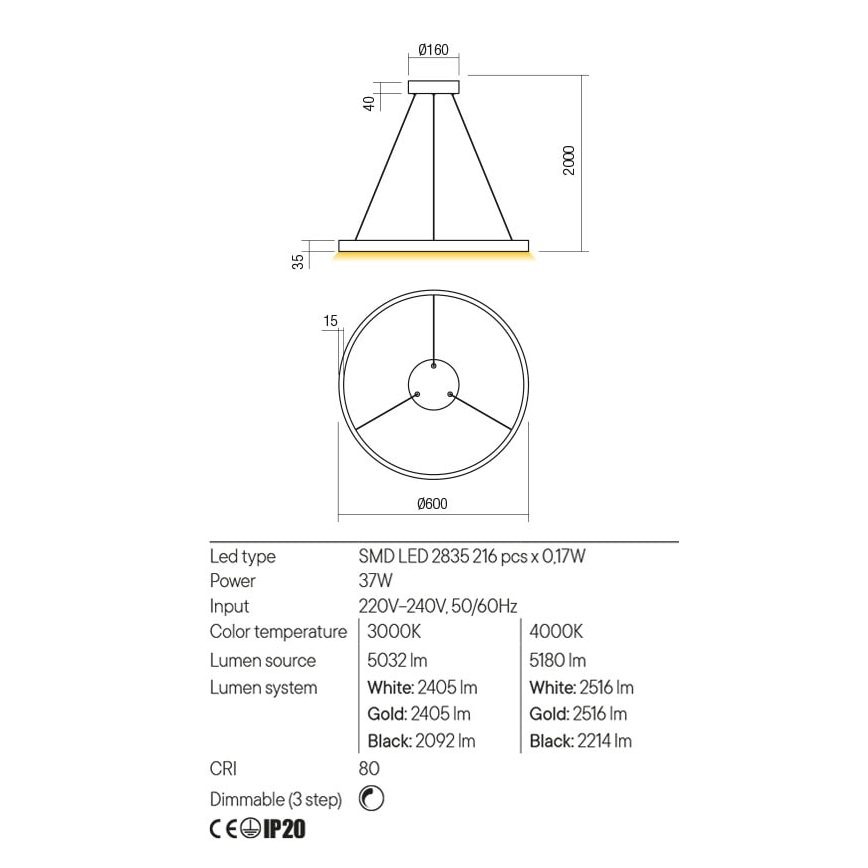 Redo 01-2867 - Lampadario a sospensione con filo LED dimmerabile FEBE LED/37W/230V nero